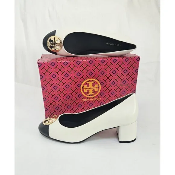 Tory BurchChelsea Cap-Toe Slip-On Dress Block Heel Ivory/perfect Black #7.5